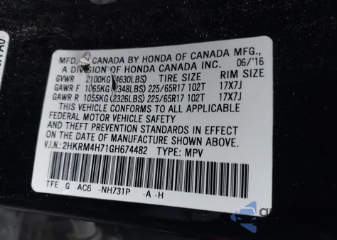 2016 Honda Cr-V Ex-L z USA, uszkodzony, nr VIN 2HKRM4H71GH674482
